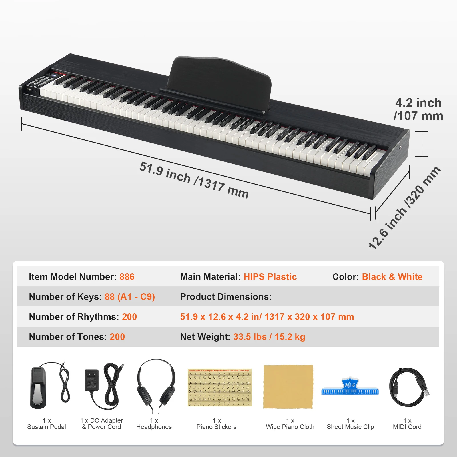 SucceBuy Gewogen digitale piano 88-toetsen Volledig gewogen toetsen Elektrische piano Toetsenbord en luidsprekers 200 tonen en ritmes voor beginners