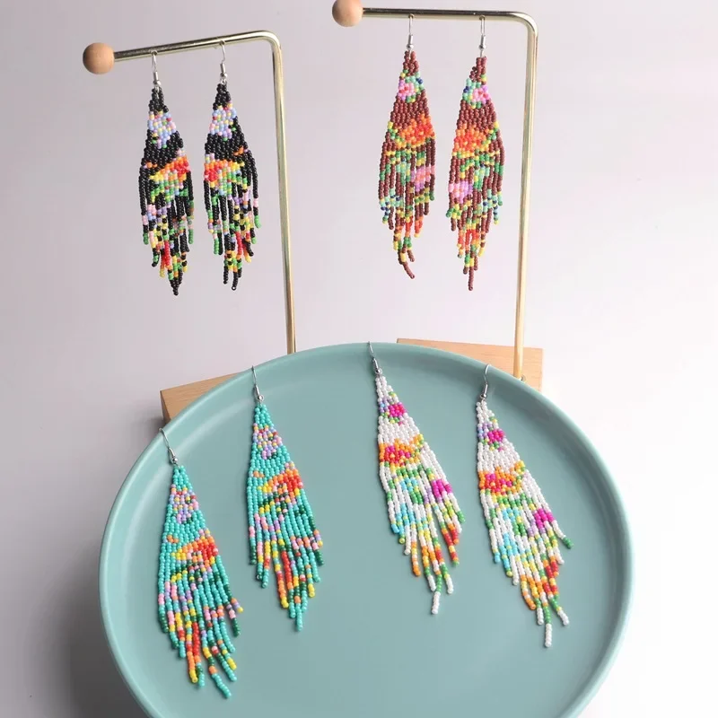 Beaded earrings Tassel Flowers Design Originality Hand knitting Alloy Tide Simple Bohemia Versatile Female Rice bead earrings