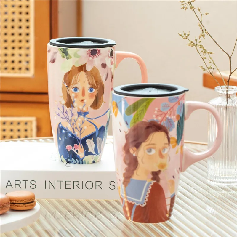 

Large Capacity Ceramic Coffee Mug Travel Mug with Lid Latte Mugs With Handle Household Drinking Flower Tea Cup