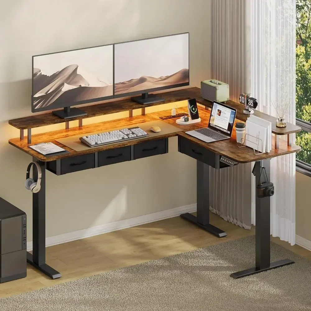 Rustic Brown L-Shaped Electric Desk with RGB Lighting and Power Outlet, Adjustable Height for Sit-Stand Use