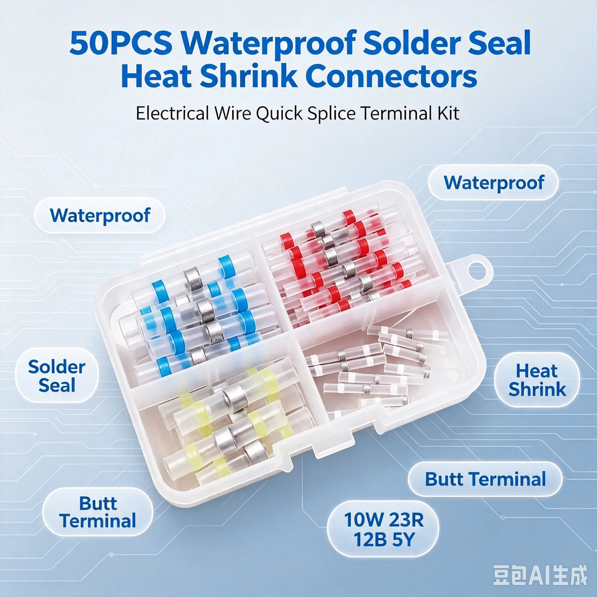 50PCS Waterproof Solder Seal Heat Shrink Butt Connectors 10 White 23 Red 12 Blue 5 Yellow Insulated Electrical Wire Quick Splice