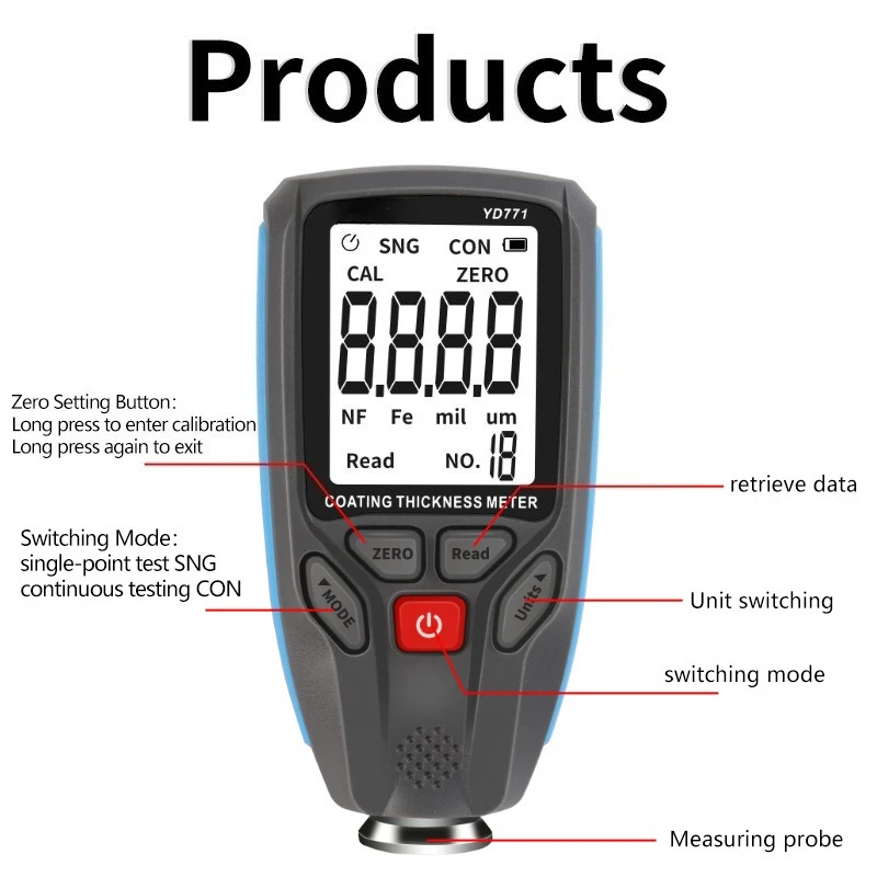 YD771 Fe/Nfe Coating Tester Digital Thickness Gauge With Backlight Display For Car Paint Film Measurement Meter