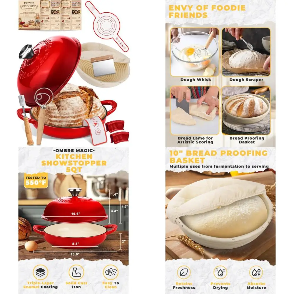

Enameled Cast Iron Dutch Oven with Lid for Bread Baking, 6 Quart Capacity, Red Gradient Design, Includes Sourdough Starter Kit a