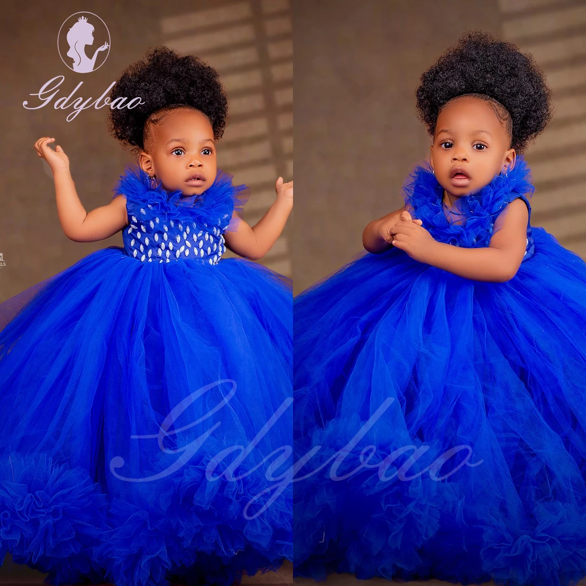 Royal Blue Flower Girl Dress For Wedding Pleated Tulle Sleeveless Puffy Baby Kids Birthday Party Ball First Communion Gowns