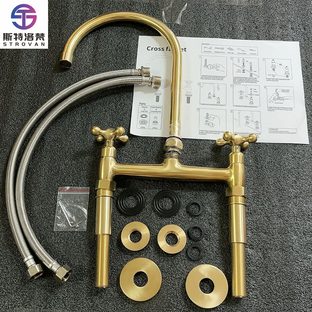 

Classic Cross Handles Brass Kitchen Sink Faucet Unlacquered Brass Bridge Kitchen Faucet with Sprayer