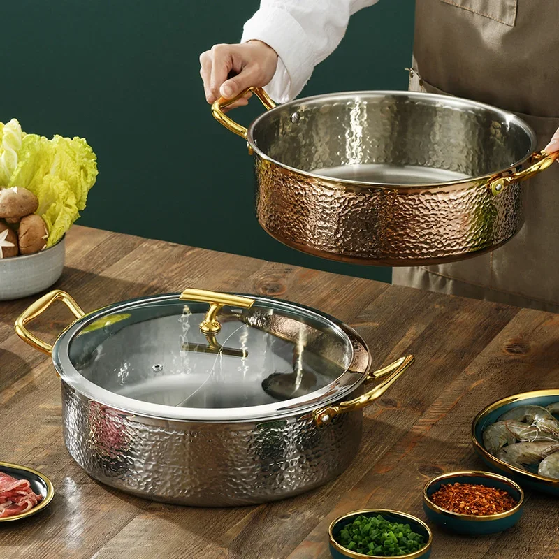 

Elegant Stainless Steel Cooking Pot Hammered Finish Double Grid Hot Pot Versatile Kitchen Utensil for Multi-cuisine Cooking