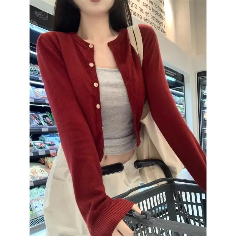 Red Knit Cardigan Short Slim Fit Casual Top For Early Autumn