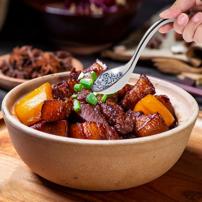 ABXF-4 قطع ملاعق أرز صينية كلاسيكية آسيوية مقبض منحني ملعقة شوربة رامين ملاعق زهور مطلية بمقبض طويل