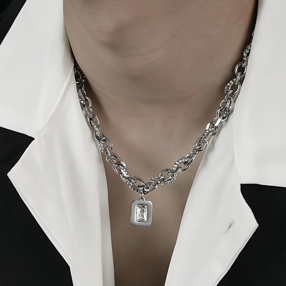Hip-Hop-Imitation-Sonnenbrille für Männer, Choker, Retro-Silberfarbene Kubanische Kettenhalskette, Modisches Design-Schmuckstück, Trendige Accessoires – Detail 3