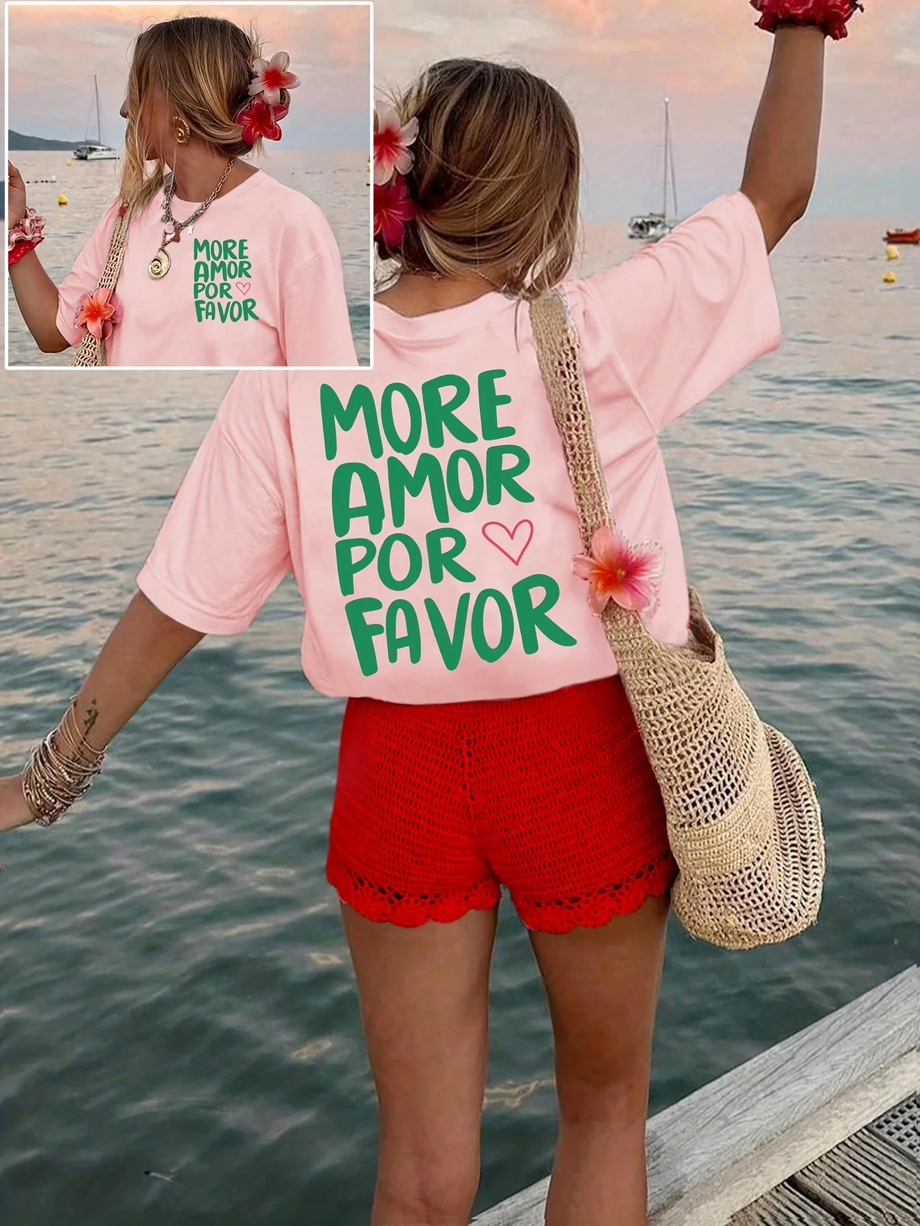 Vacation Beach MORE AMOR POR FAVOR Heart Letter Back Graphic T-shirt Women Loose Sweet Daily Wear Cotton Women'S Clothing