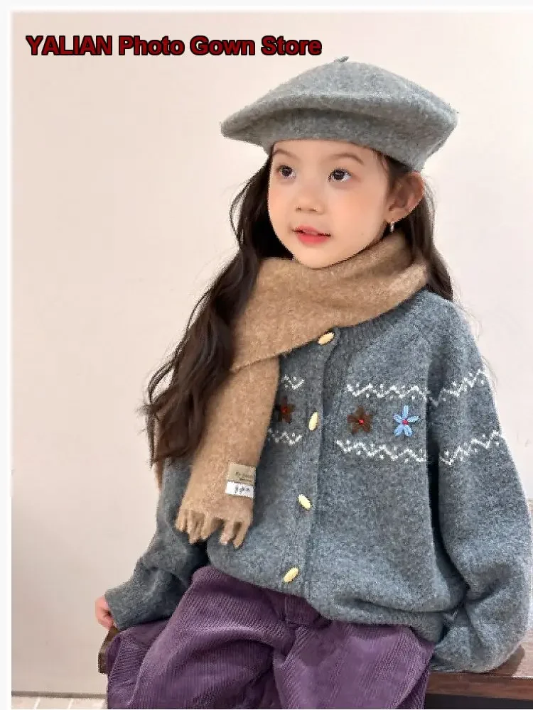 Older Girls Handcrafted Ribbed Knit Cardigan Spring Autumn Warm Thickened Kids