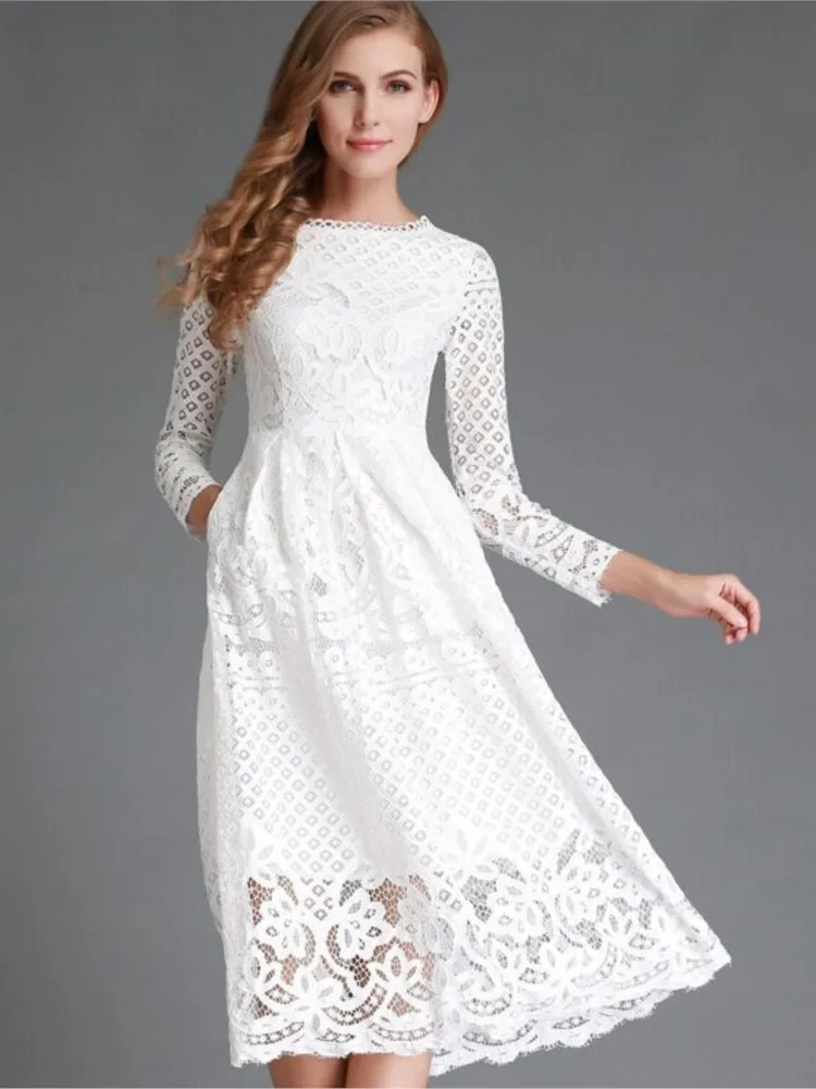 

2025 Summer New Solid Color Dress Women's Round Neck Hollow Simple Lace Long Sleeve Slim Mini Fashion Dress Office Lady Clothing
