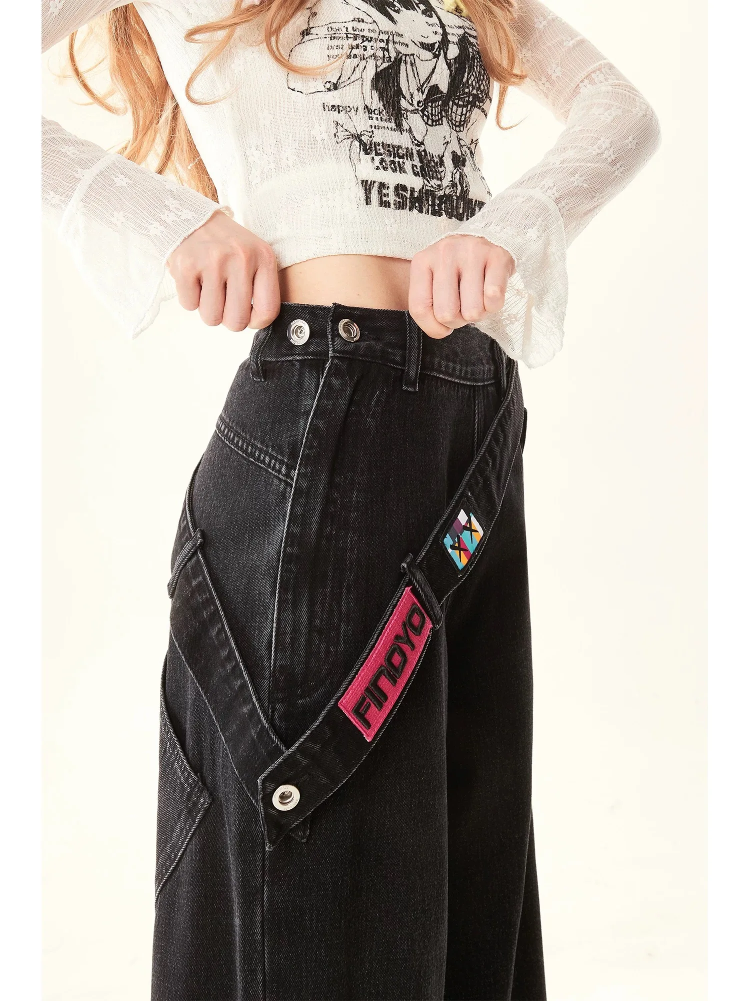 Women Vintage Korean Fashion Streetwear Style Black Gradient Jeans scene fo Japanese 2000s Harajuku Wide Leg Pants Fall Clothes