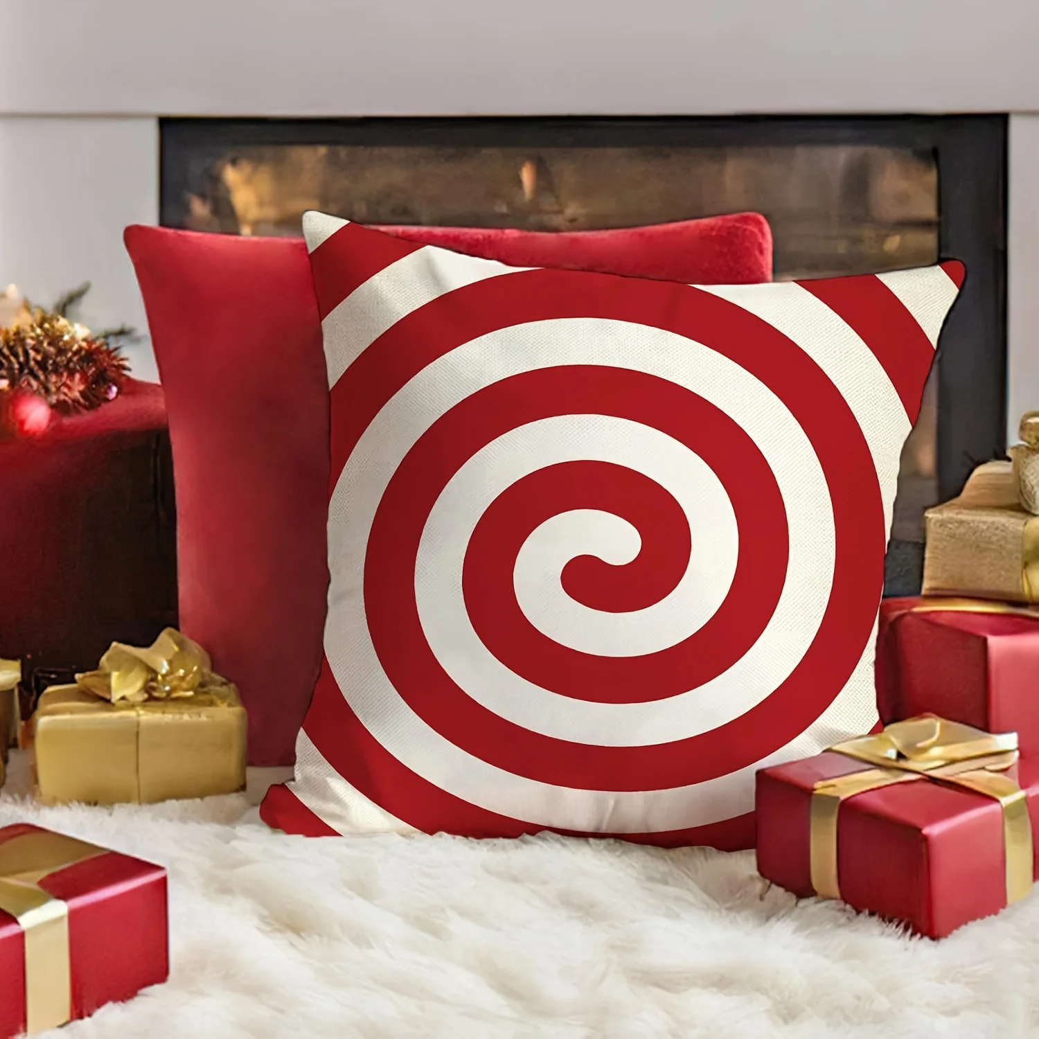 4pcs, Christmas Peppermint Candy Red Decorative Throw Pillow Covers, Xmas Holly Jolly Porch Patio Outdoor Pillowcase