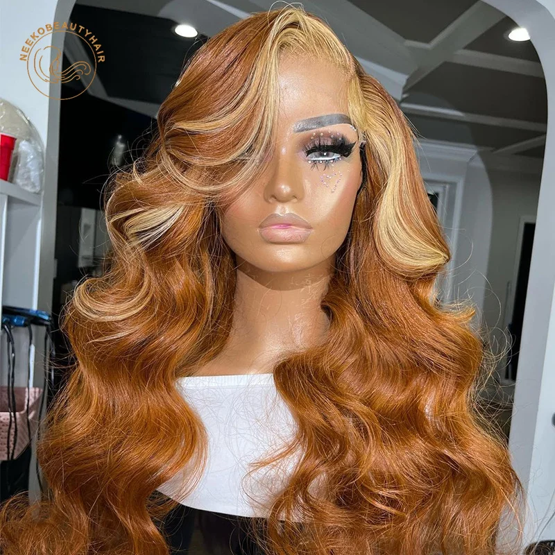 Ginger Orange Highlight Lace Front Wig 13x4 Side Part Transparent Lace Frontal Human Hair Stripe Wavy Colored Blonde Hair