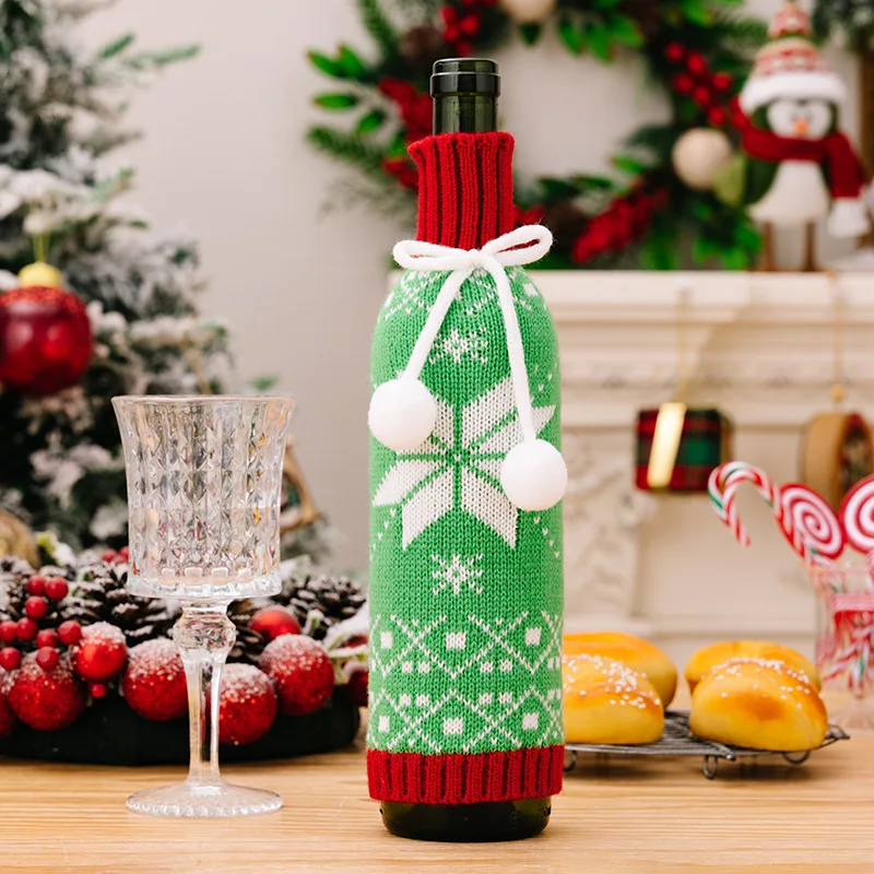 New Christmas New Year Decorative Products Knitted Wine Bottle Set Woolen Champagne Bottle Bag Christmas Snowflake Red Wine Set