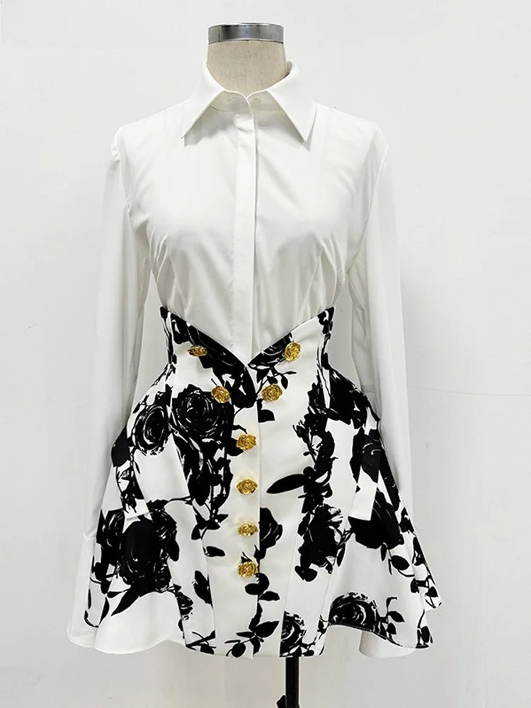 

2026 Spring New White irt Rose Print Metal Button Bla And White ort Skirt Set Faion ow Ele Women's Clothing
