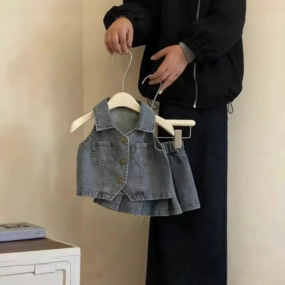 

Girls' Summer Denim Suit Korean Version Children's Lapel Vest Pleated Half Skirt Two-Piece Set New Style 90-140CM