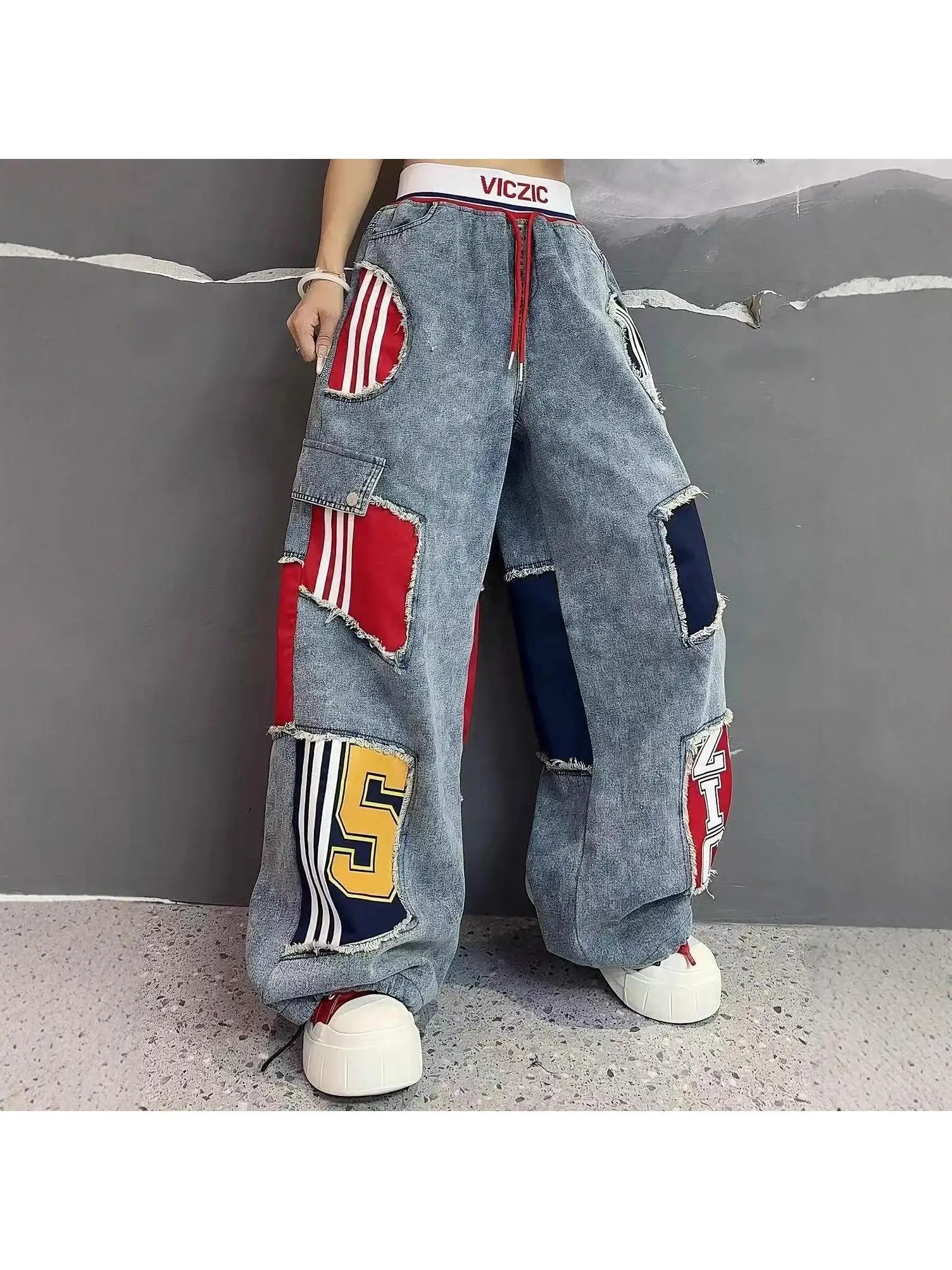 

Heavy Duty 5-Button Printed Color Block Cuff Drawstring Loose Long Women's Jeans Trendy Natural Waist Denim Fabric Fall 2025