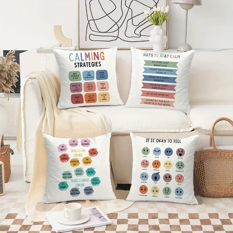 

4Pcs Mental Health Printed Square Polyester Cushion Cover Throw Pillow Covers Bedroom Accessories Sofa Cushion Living Room Throw