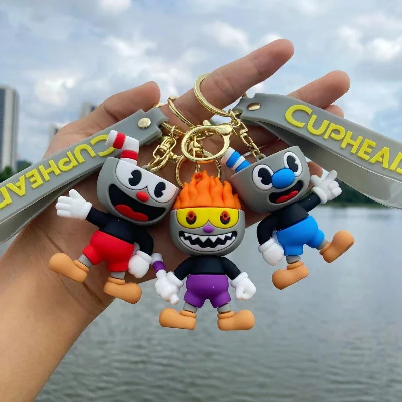 Game Mugman Cuphead Figure Keychain Anime Cartoon Cuphead Doll Keyring Pendent Figurines Car Key Chains Toys Christmas Gifts