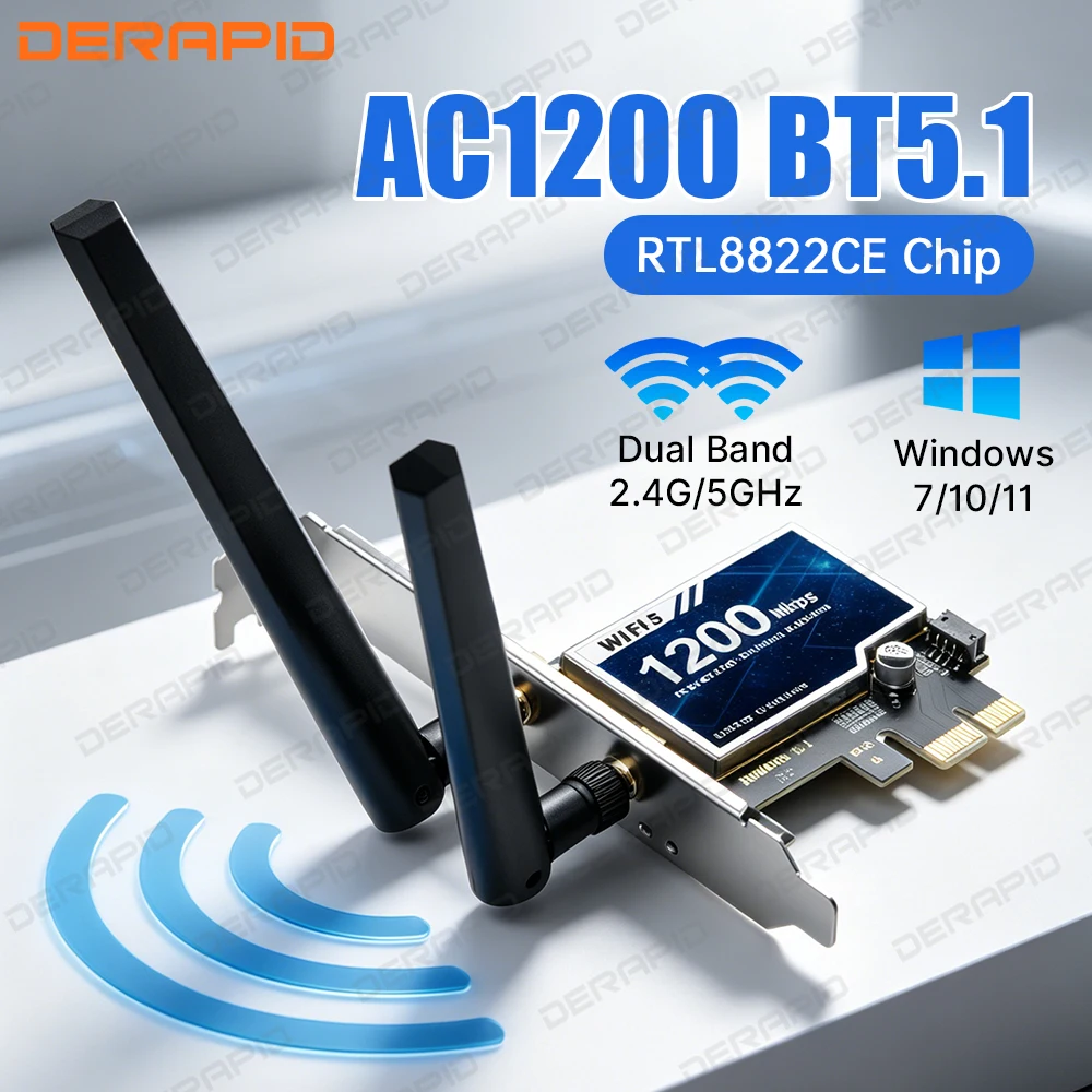

Двухдиапазонная Wi-Fi-карта AC1200 RTL8822CE с антенной для ПК, Bluetooth 5.1, 867 Мбит/с, 5 ГГц, сетевой адаптер PCIe для настольных ПК, для Windows 10/11