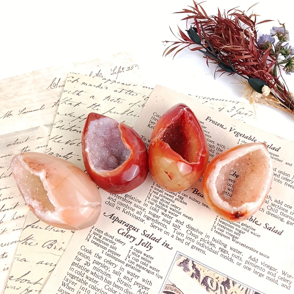 1PC Carnelian Agate Druzy Egg - Natural Crystal Meditation Ornament for Home Decor, Perfect for Halloween and Christmas