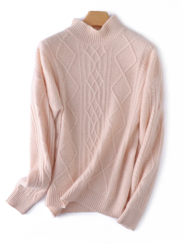 

Women's Argyle Wool Sweater Mock-neck Long Sleeve Pullover Grace Soft 100% Merino Wool Knitwear Autumn Winter Cashmere Top