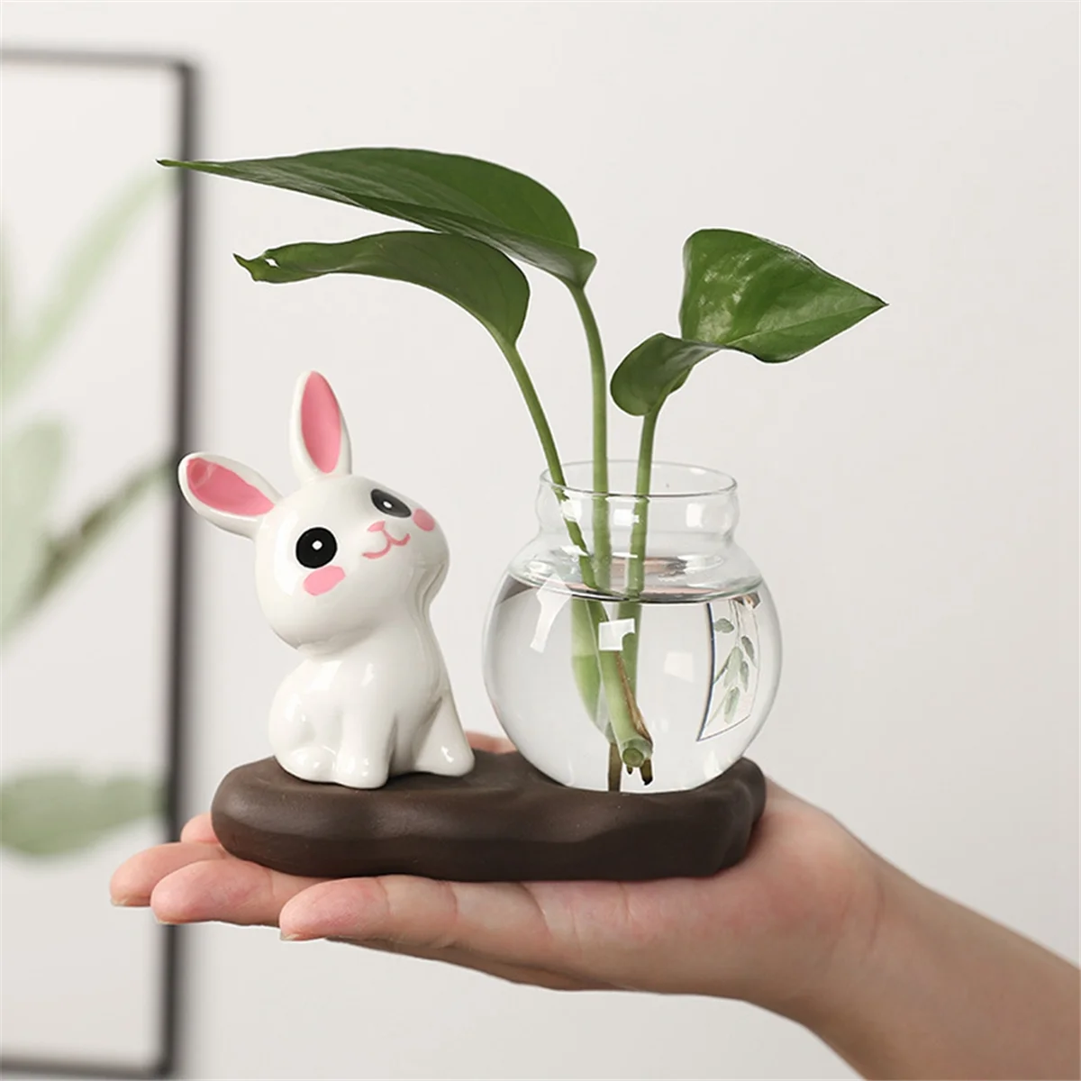 B Cartoon Cute Rabbit Hydroponic Flower Vase Transparent Glass Flower Arrangement Plant Pots Plants Pot for Home Decor