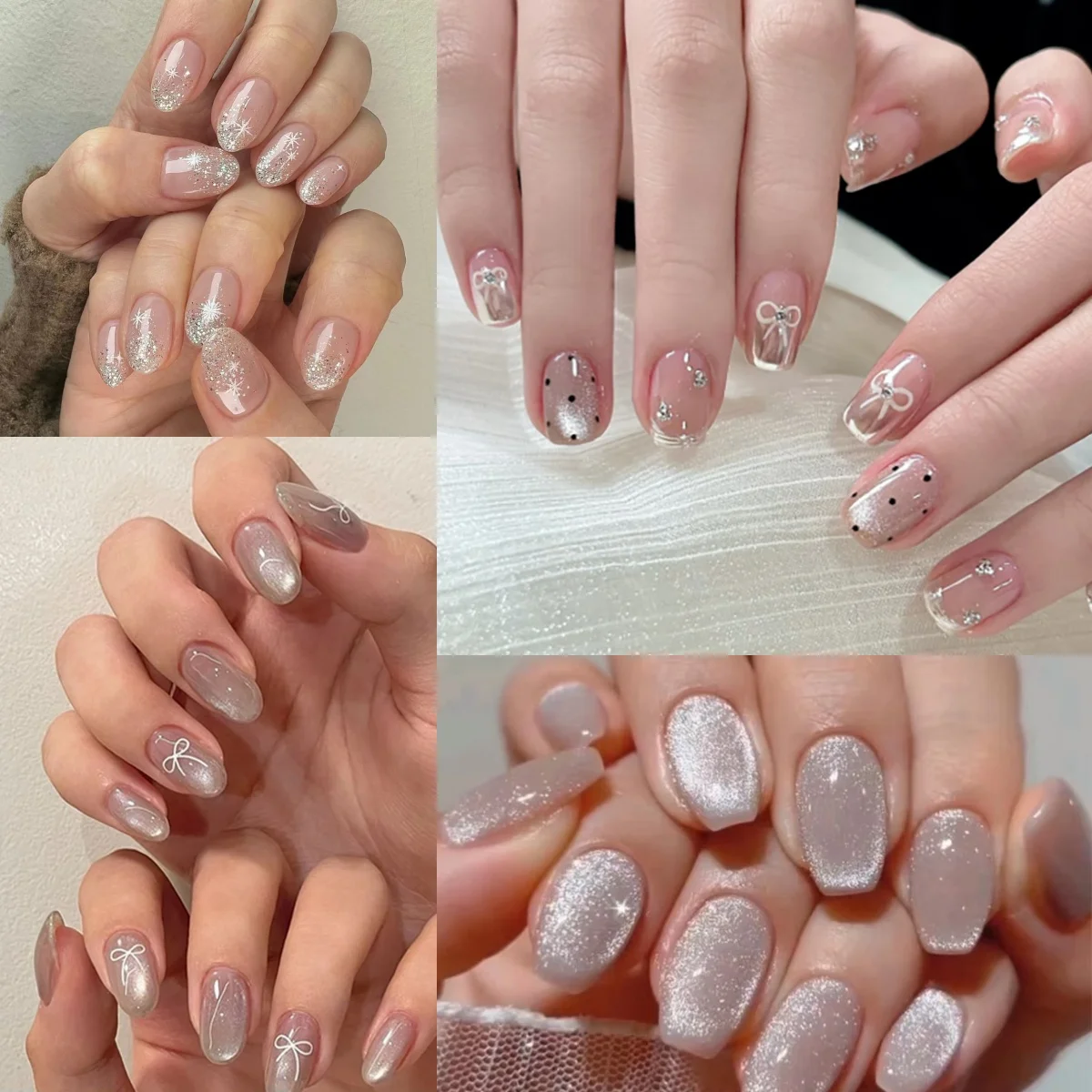 

White Bowknot Cat Eye Rhinestones Square Fake Nails Art Long Pointed False Nails Charms Glitter Powder Almond Press on Nails Tip