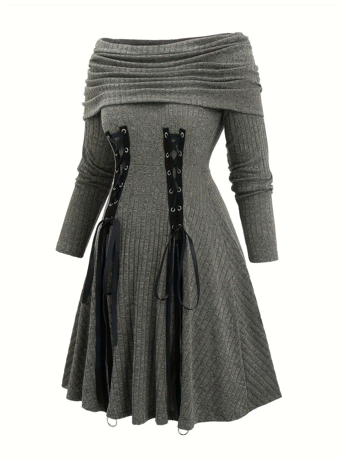 

2024 European and American leisure fashion solid color shoulder drawstring plus size A dress female