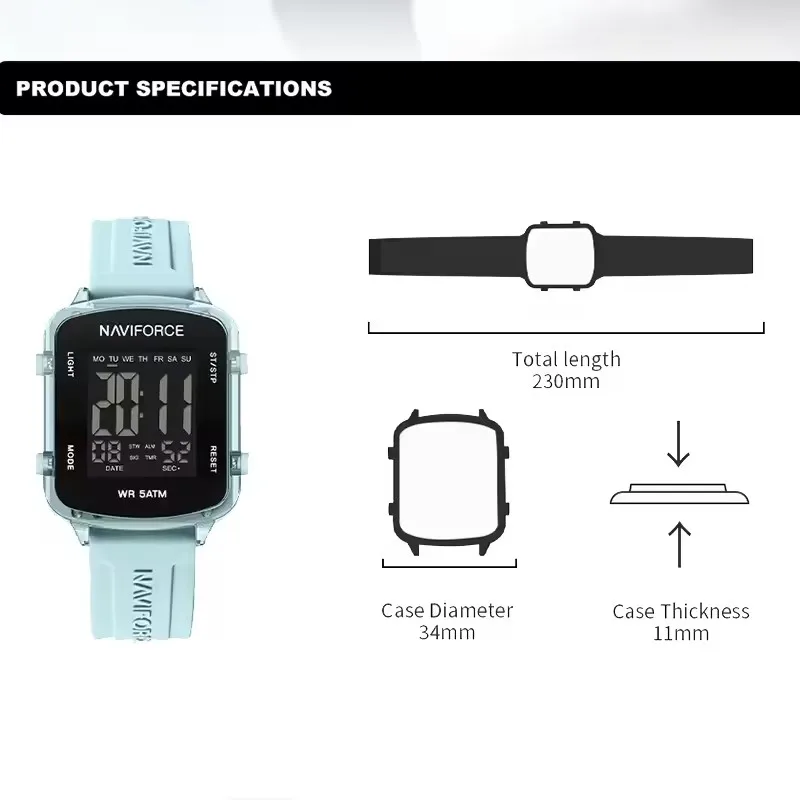 NAVIFORCE 7120, модные женские часы, спортивные водонепроницаемые силиконовые наручные часы, светящиеся цифровые часы с ЖК-дисплеем для женщин, reloj mujer
