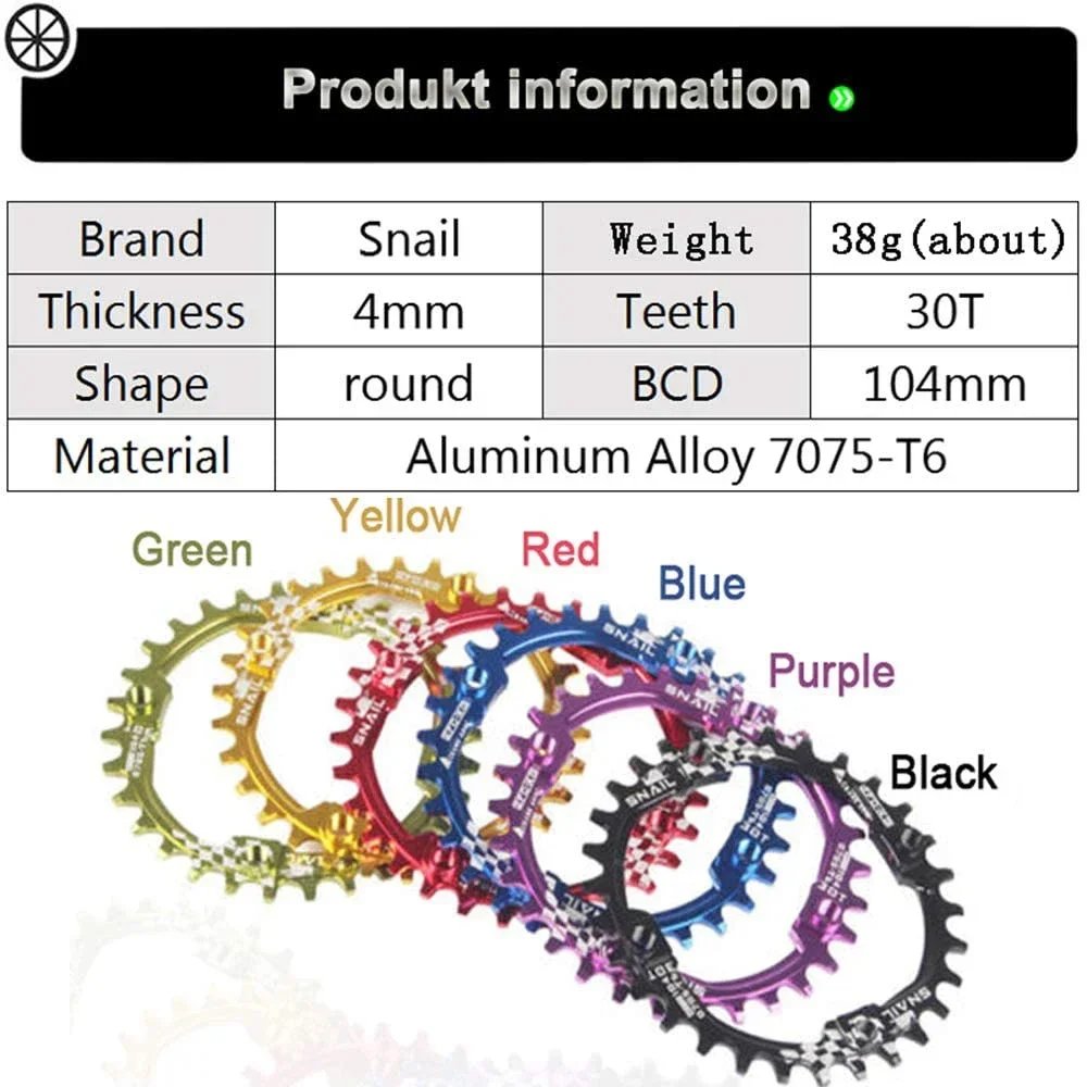 SNAIL Chainring 104bcd 30T Round Chainwheel Narrow Wide MTB Crankset Plate Mountain Bike Tooth Plate BCD 104 Chain Wheel