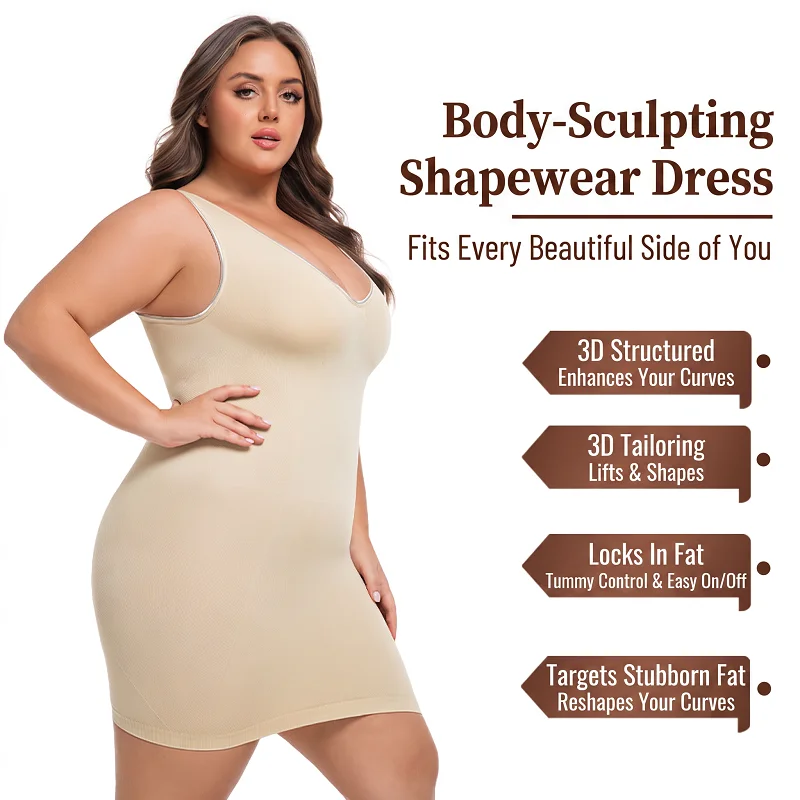 Women Plus Size Shapewear Dress With Built-in Bra Tummy Control Butt Lifter Seamless V-Neck Sleeveless Slimming Full Body Shaper