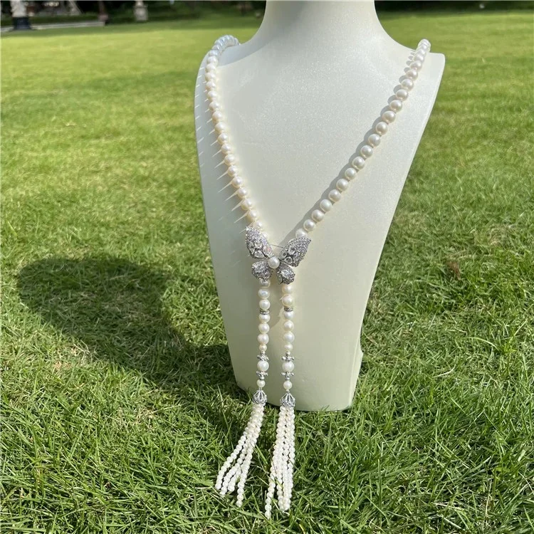 

38'' White Pearl Long Necklace CZ Connector Tassel Pendant Handmade For Women