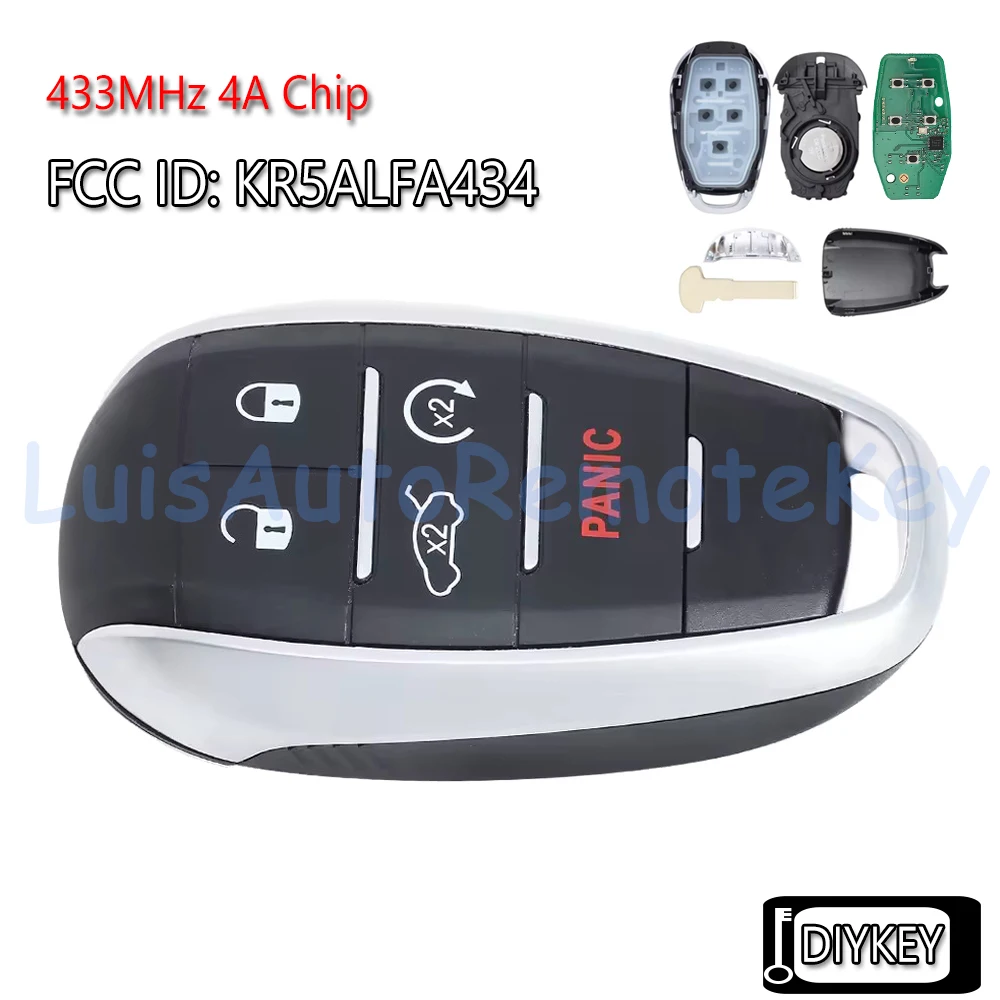 Smart Remote Key Fob 433MHz 4A Chip for Alfa Romeo Giulia Stelvio 2017 2018 2019 2020 - 2024 KR5ALFA434 A2C97635100 A2C97634900