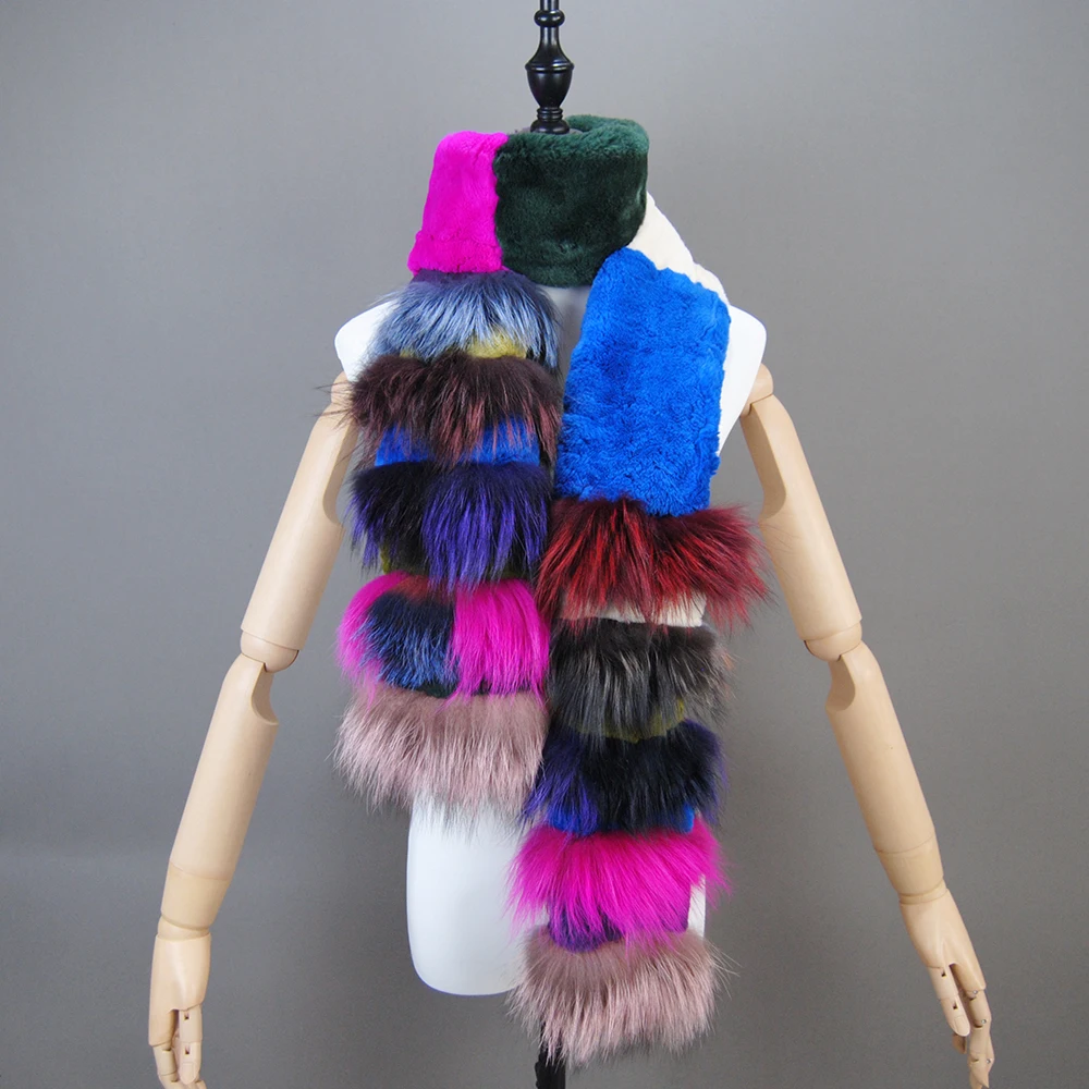 New Natural Soft Knitted Rex Rabbit Fur Scarf Women Winter Long Style Real Fur Muffler Lady Warm 100% Genuine Fox Fur Scarves