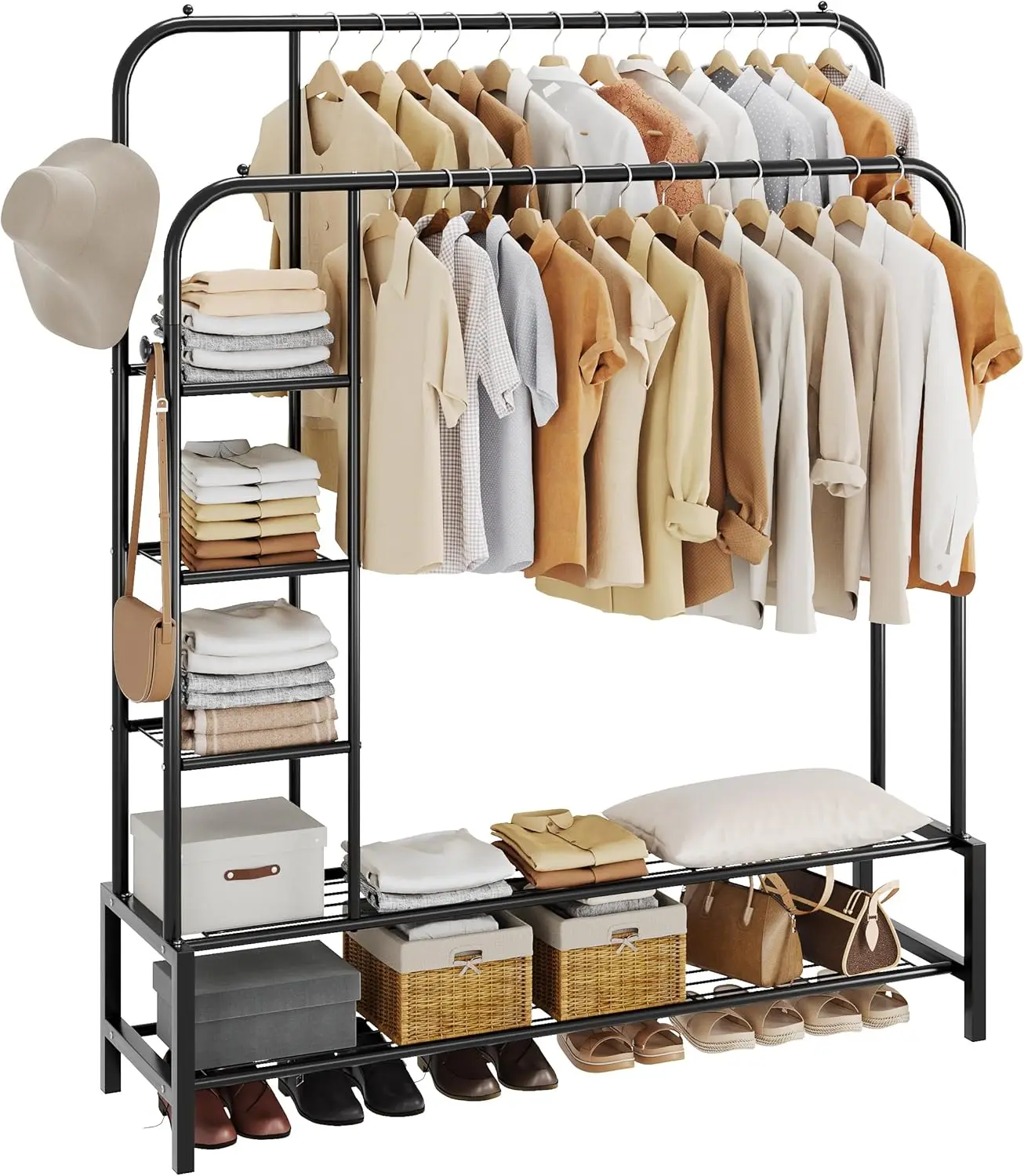 

Double Rods Portable Garment Rack for Hanging Clothes, 49.4 * 64.7 Inch Metal Clothing Rack with Bottom Shelves and 4 , Freestan