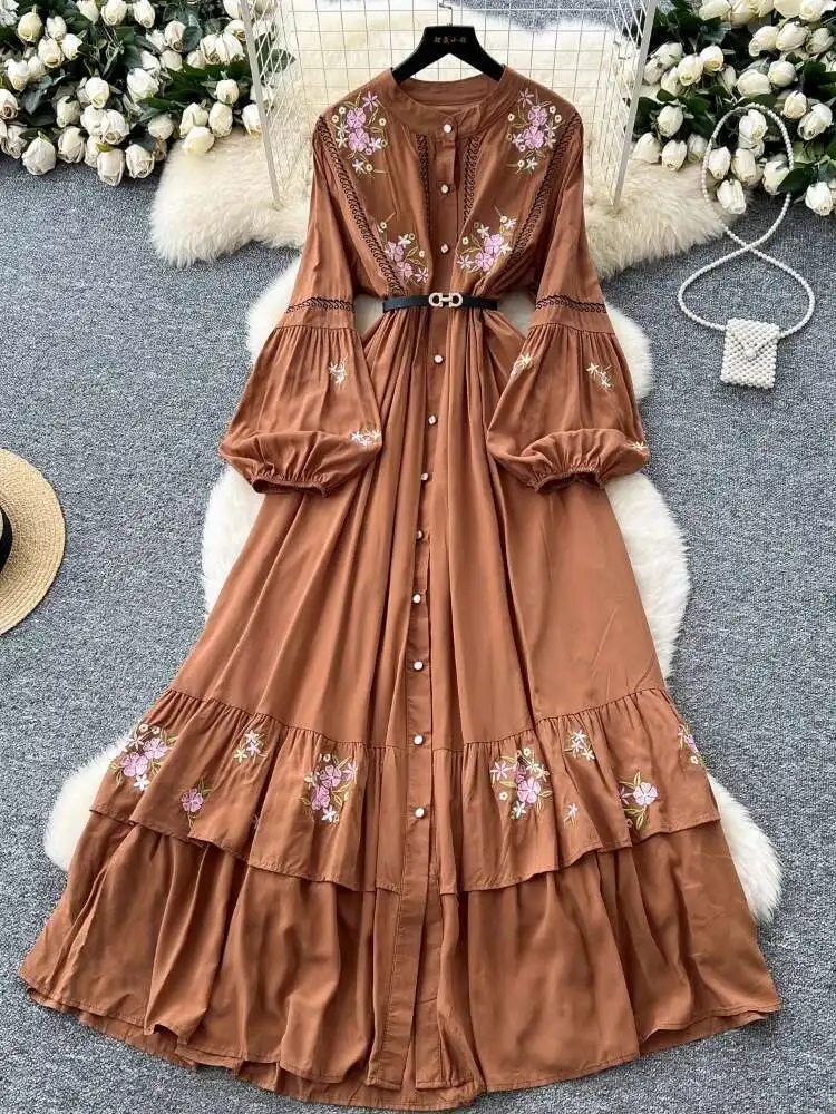 

Women Vintage Long Dress Spring Autumn Court Style Lantern Sleeve Beach Dresses Embroidered Single Breasted Elegant Long Robe