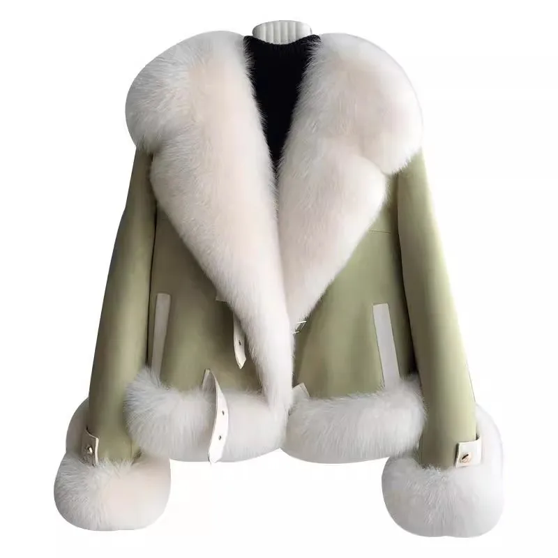 2024 New Winter Fashion Fur Collar Fox Fur Fur Coat Women Short Jacket Motorcycle Loose Down Liner Overcoat Female Outwear W118