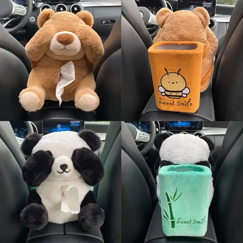 Car Tissue Box Trash Can 2-in-1 Cute Plush Eye-covering Bear Car Interior Decoration Seat Middle Car Tissue Holder Storage Trash