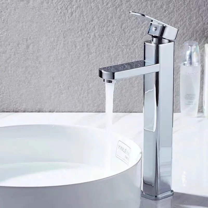 

Bathroom Hot Cold Water Tap High Basin Mixer Sink Tall Faucet Square Washbasin Taps Single Holder Single Hole Tapware