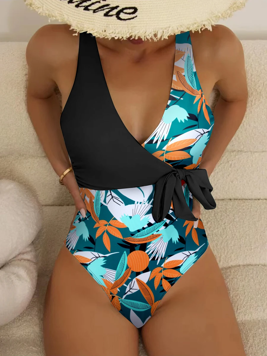 

2025 Tropical Print Swimsuit One Piece Knot Side Belted Swimwear Women Padded Bathing Suit Female Swimming Summer Beachwear