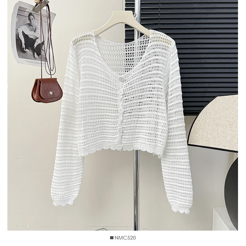 Pointelle Knit Long Sleeve Button Front Crochet Crop Top Cardigan Jacket for Women Cover-Up Spring Summer Y2K Grunge Outfit