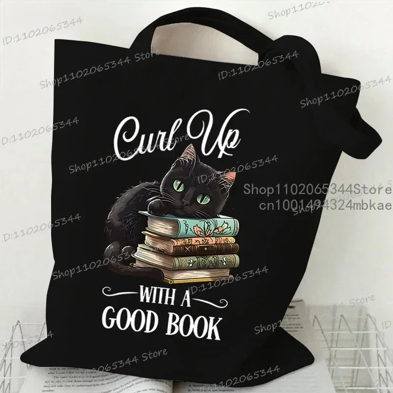 Black Cat and Books Canvas Bag for Women Men Shopper Funny Reading Lover Handbags Reusable Shoulder Tote Bag Cartoon Hand Bag