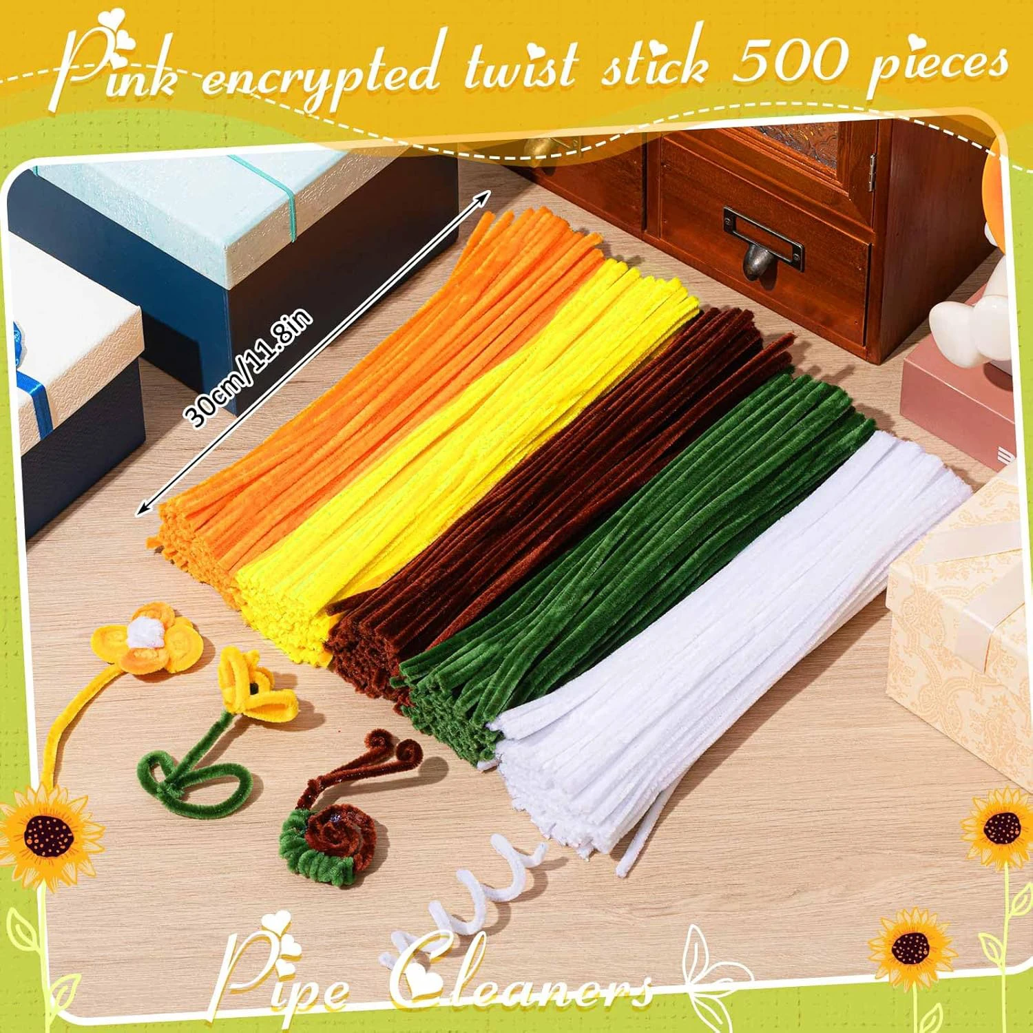 500PCS Pipe Cleaners Craft Supplies, Sunflower Pipe Cleaner Kit, Bulk Pipe Cleaners DIY Chenille Stem Bouquets Kit