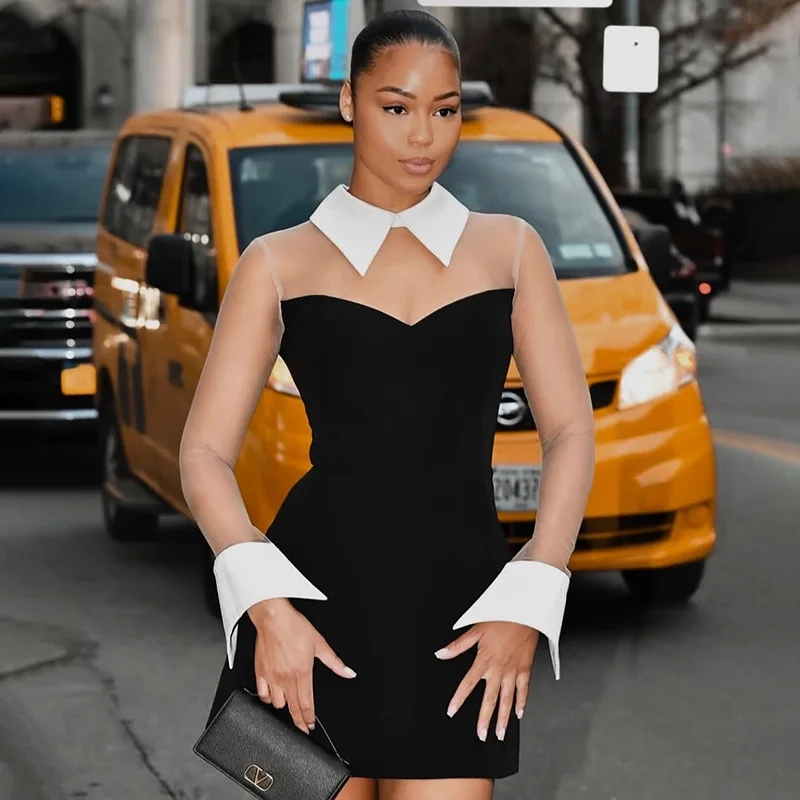 

Spring Summer Fashionable Dress Sexy Elegant Fashionable Slim Contrasting Color Long-sleeved Lapel,5 High-waisted A-line Dresses