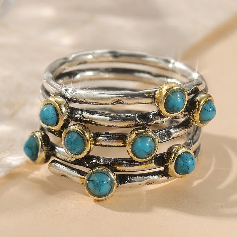 Ethnischer Zweifarbiger Eingelegter Imitierter Türkis Damenring Geometrisch Ausgehöhlt Tägliches Tragen Party-Schmuck – Detail 1