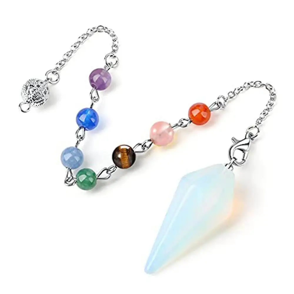 7 Chakra Natural Stone Pendant Crystal Pendulum for Divination Dowsing Reiki Pink Quartz Hexagon Pointed Bead Chain Pendulos