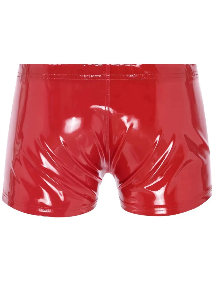 S-5XL Wet Look PVC Mens Boxer Briefs Shiny PU Leather Shorts Zipper Trunks Tight Hot Sexy Boxershorts Calzoncillos Mini Bermudas